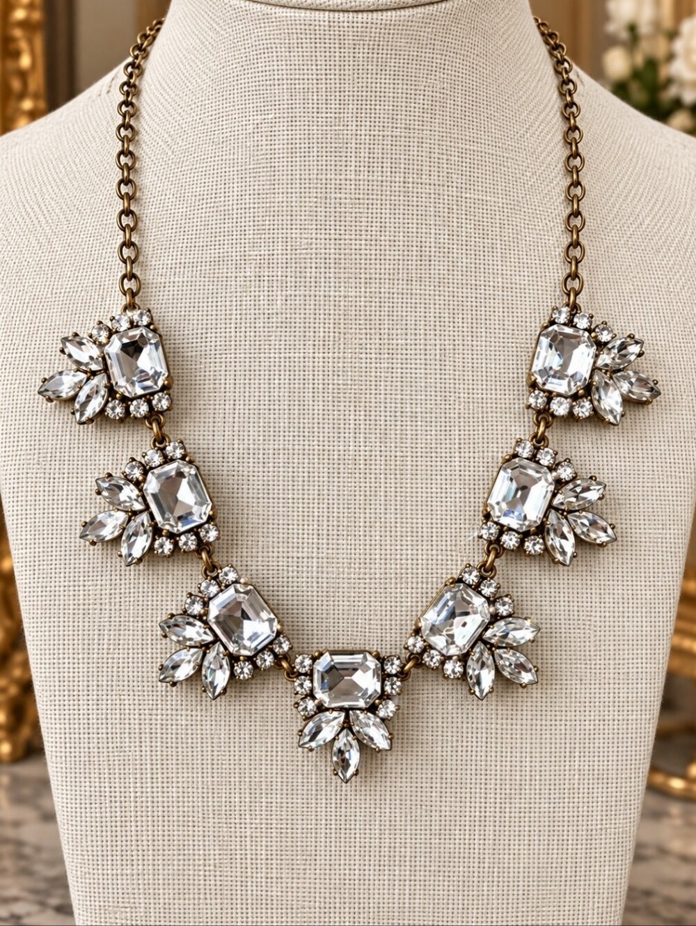 Art Deco Marquis Emerald Cut Blazing Clear Stones Antique Gold J. Crew Necklace
